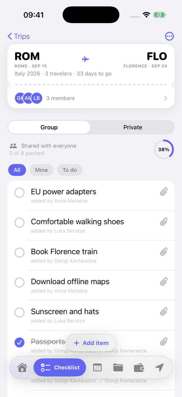Trawell group checklist — items added by each traveler, packed progress ring, group and private tabs