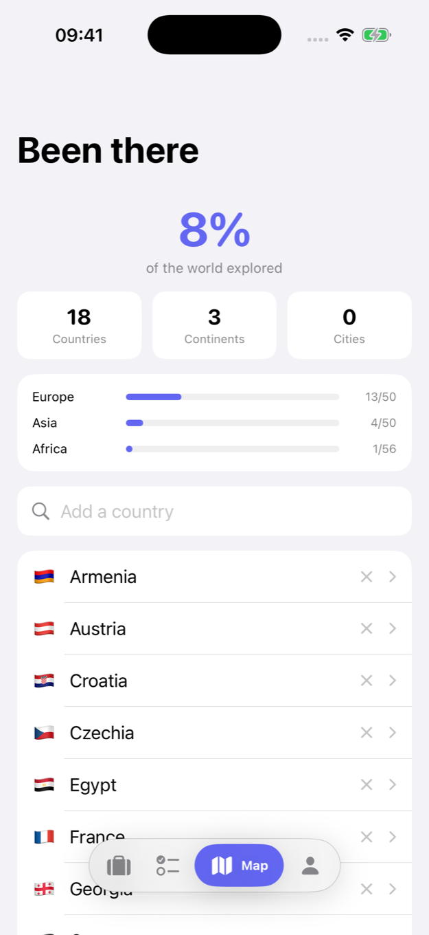 Trawell visited map — world map with visited countries highlighted and travel stats