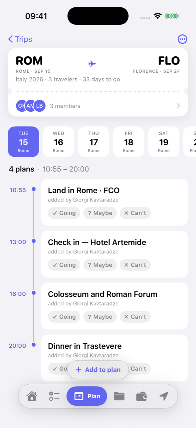 Trawell day planner — a timeline of plans for a Rome day with times and RSVP buttons