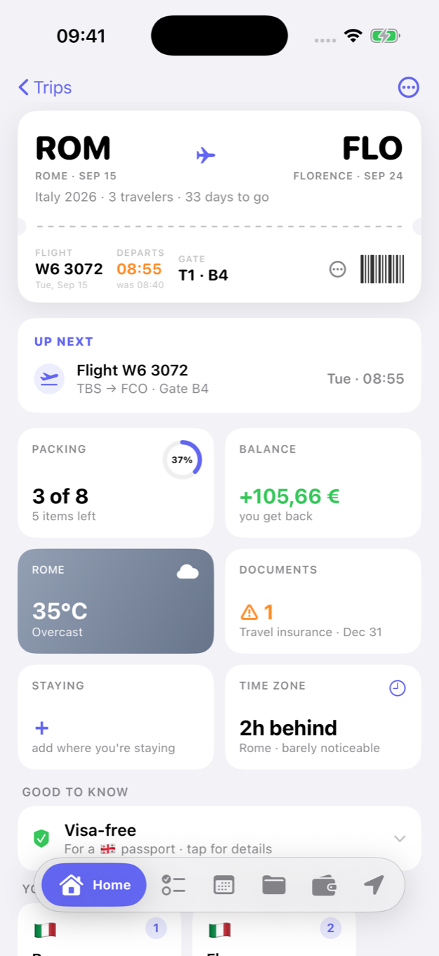 Trawell trip home — boarding-pass header with a live flight (gate and delay), packing ring, group balance, weather and time-zone widgets