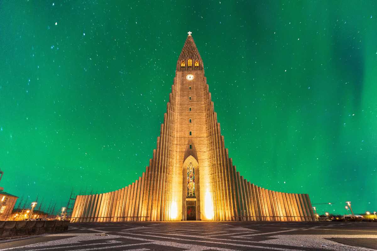 Hallgrímskirkja church Reykjavik Iceland Aurora background