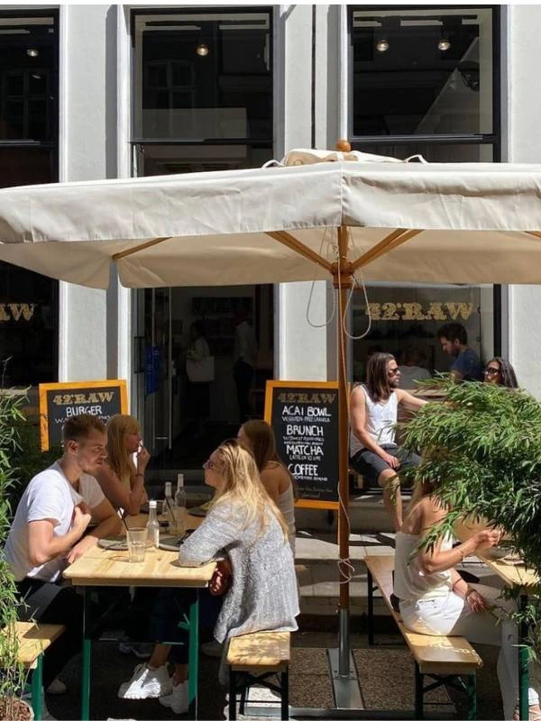 people sitting and talking in a cafe outdoor